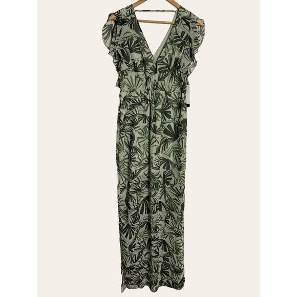 H by Halston Palm Leaf Print Green Sheer V-Neck Ruffle Maxi Dress Size 2 - Picture 3 of 9
